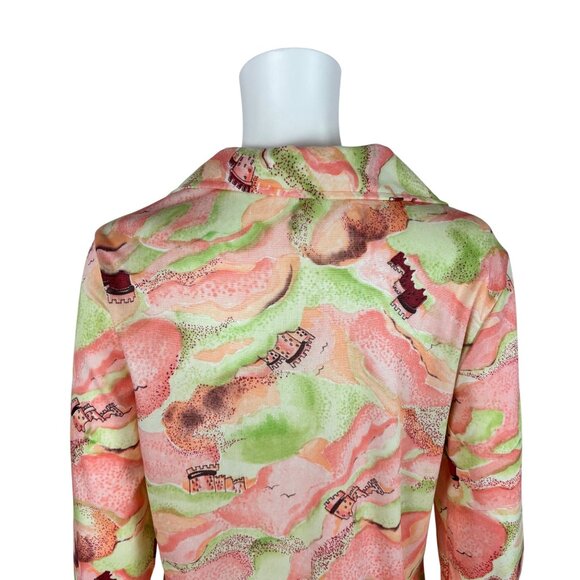 Vintage 70s Castle Blouse Women's Large Cloud Novelty Print Green Pink Top - Picture 8 of 10